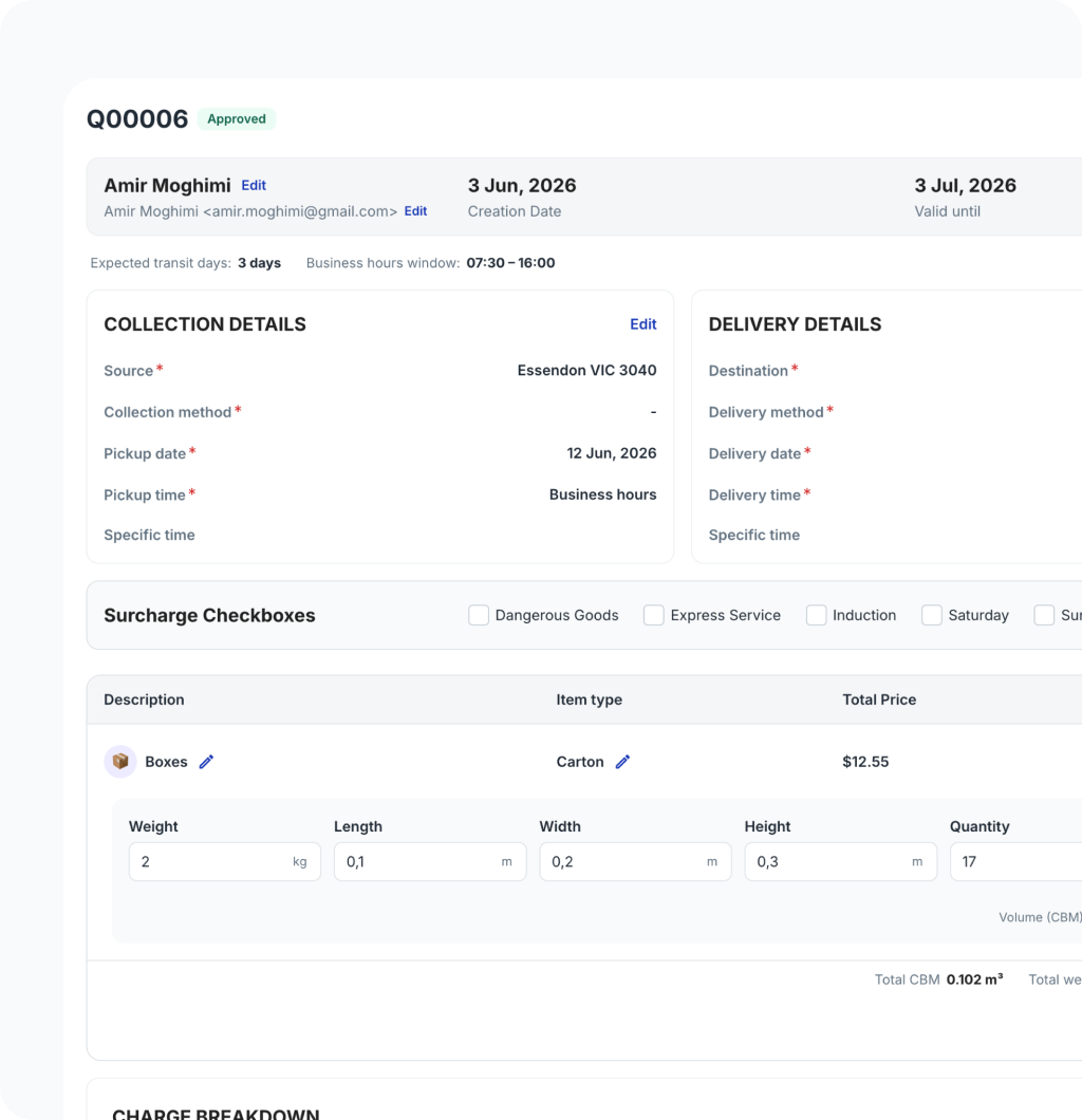 Quotation detail view with collection, delivery and surcharges