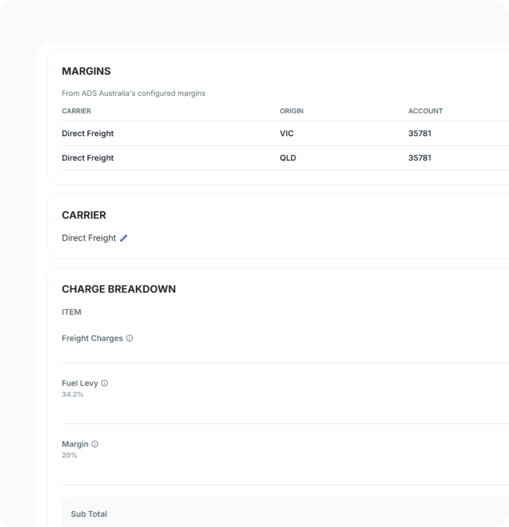 Margin configuration and charge breakdown for a carrier quote