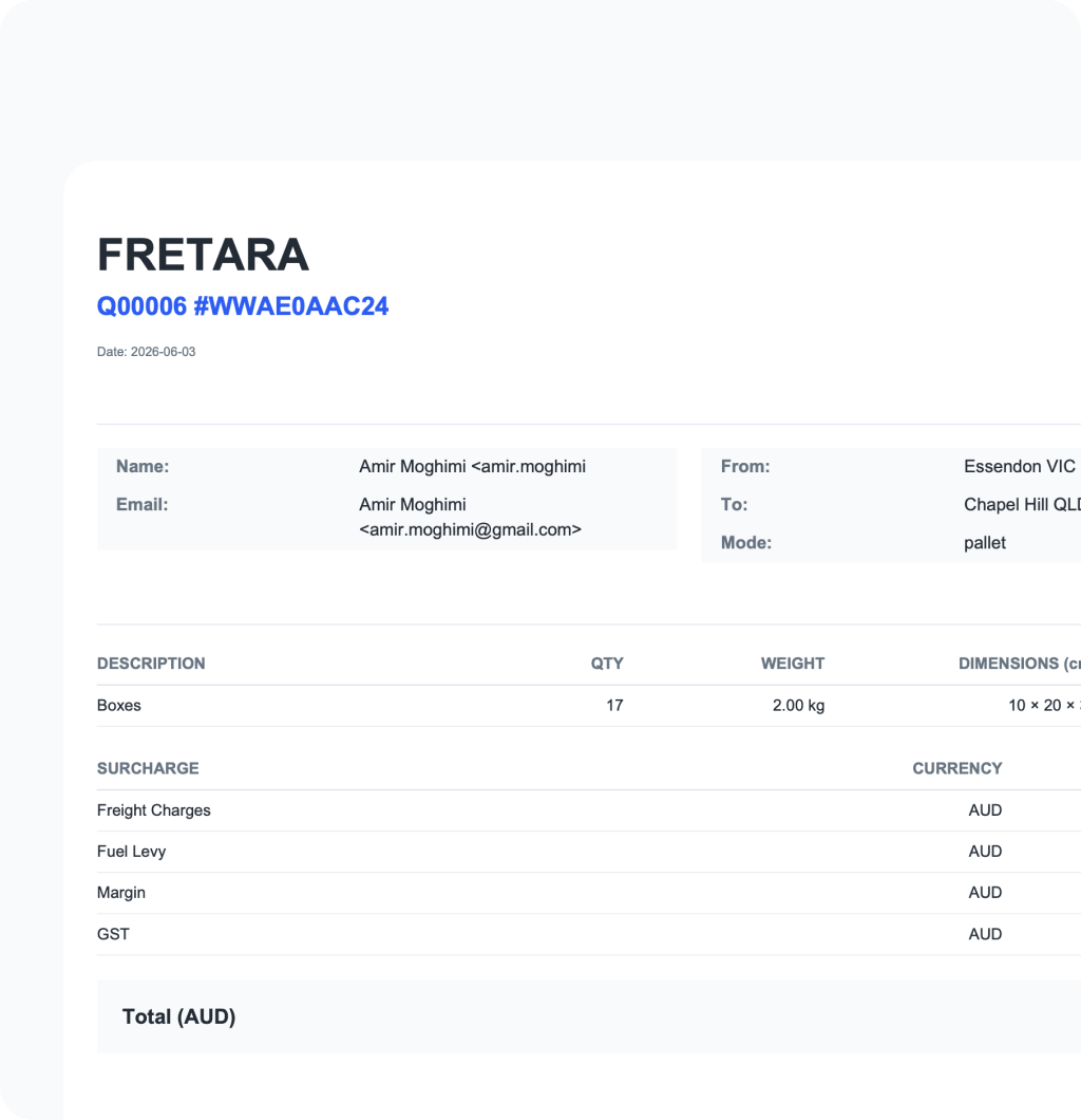 Branded Fretara quote document ready to send to a customer